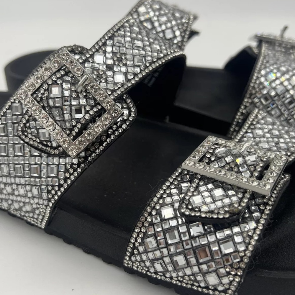 Madden NYC 11 Black Silver Bling Rhinestone Buckle Slip On Slides Sandals Shoes - Picture 2 of 9
